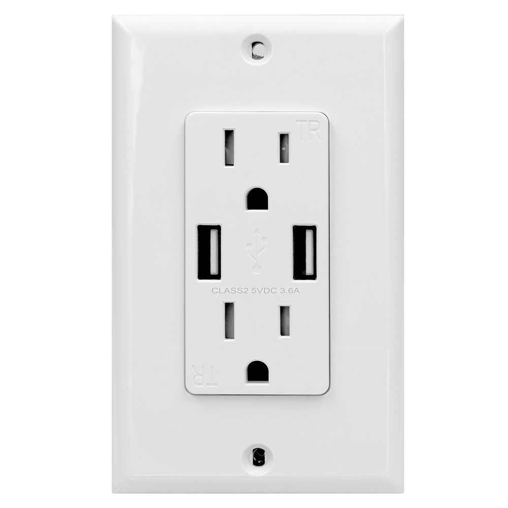 A USB Charger 15 Amp Tamper Resistant Duplex Receptacle Wall Outlet, White - USB2R2WH15A36