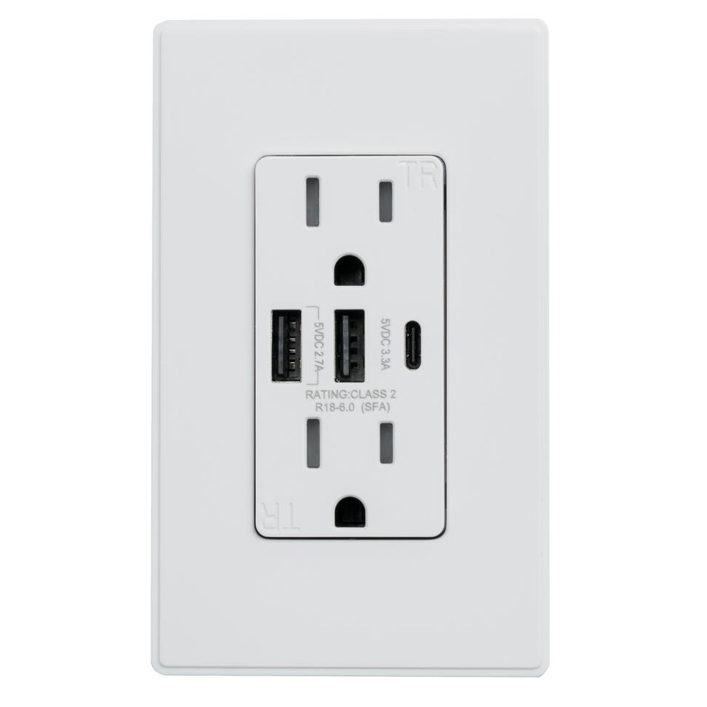 A and C USB Chargers 15 Amp Tamper Resistant Duplex Receptacle Wall Outlet, White - USB2R3WH15CA