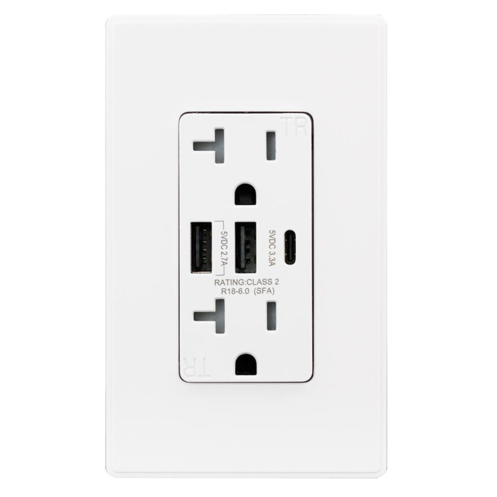 A and C USB Chargers 20 Amp Tamper Resistant Duplex Receptacle Wall Outlet, White - USB2R3WH20CA